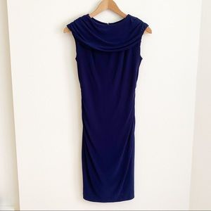 Mikael Aghal Spandex Cowl Neck Sleeveless Fitted Mini Dress Navy Blue 6